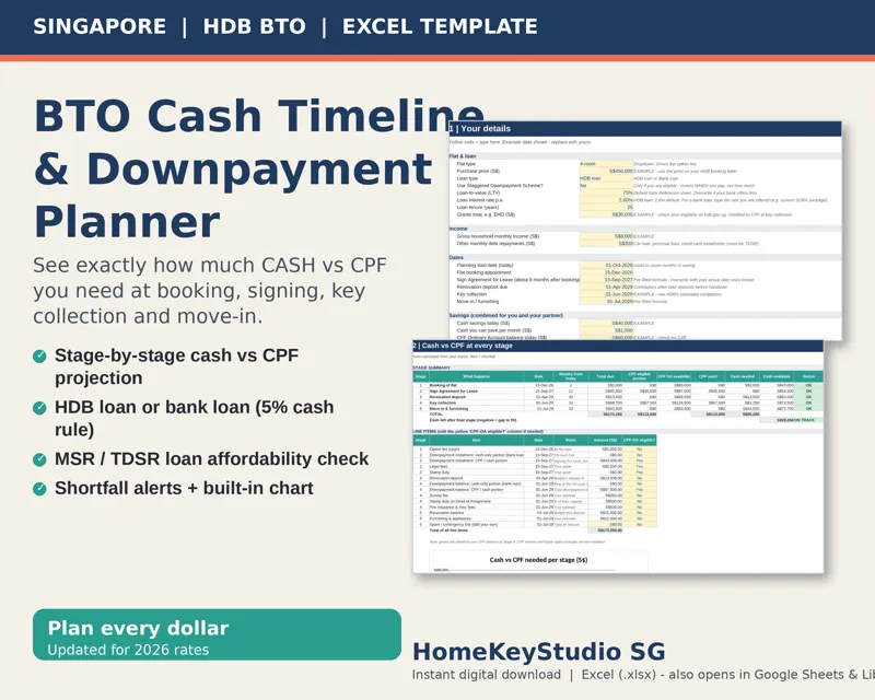 HomeKeyStudio SG template cover: BTO Cash Timeline and Downpayment Planner